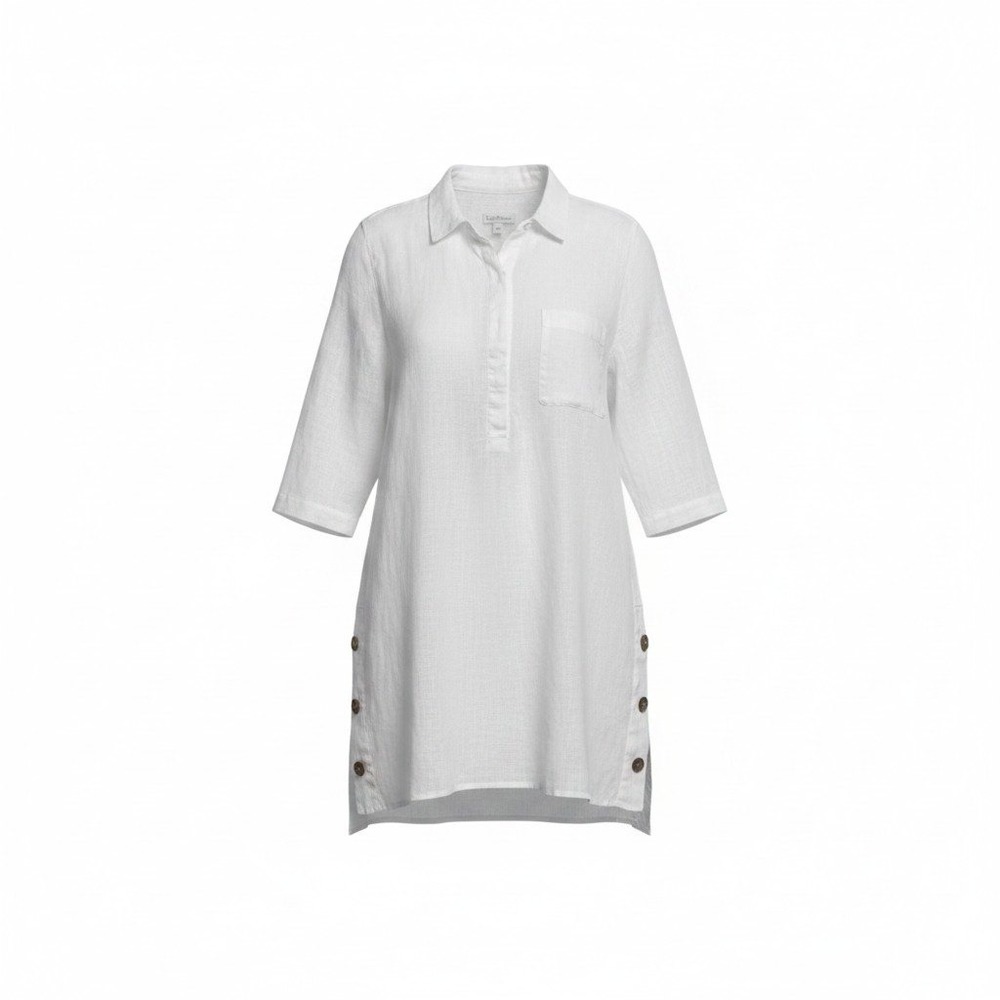 J. Jill Love Linen White Tunic Top Side Button 3/4 Sleeve Shirt Womens Medium